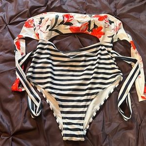 Cupshe One piece cutout floral and navy striped bathing suit